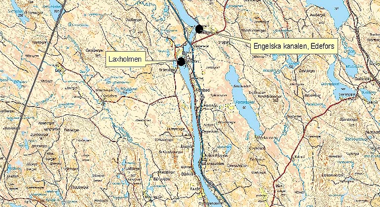 en karta som visar att Laxholmen och Engelska kanalen ligger invid vattnet.