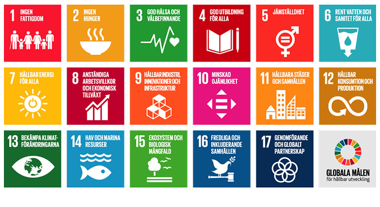 Karta över alla 17 globala målen ur Agenda 2030.