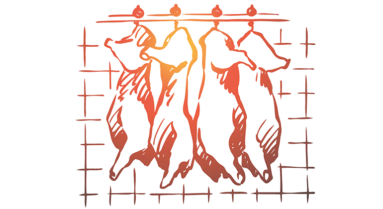 Tecknad bild på hängande grisar på ett slakteri.