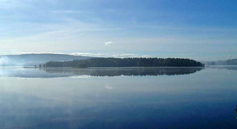 En ö i en stor sjö en blå och solig sommardag