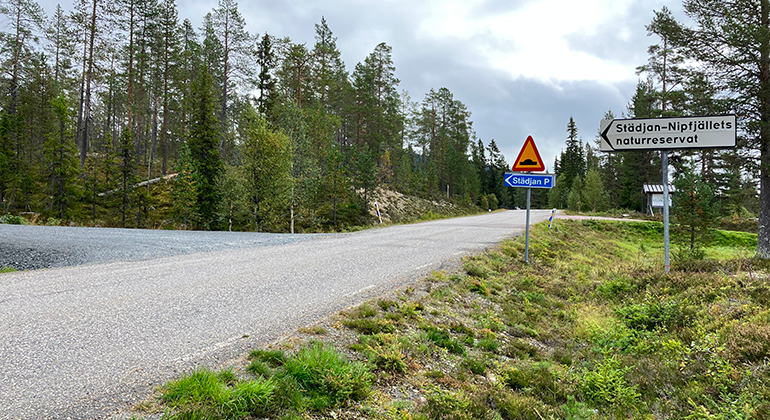 Avfartsmarkering till parkering vid Städjan-Nipfjället.
