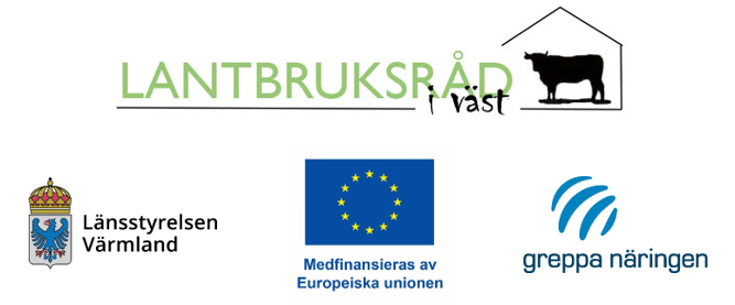 Logotyper för Lantbruksrådgivning i Väst, Länsstyrelsen Värmland, EU (med texten medfinansieras av Europeiska unionen) och Greppa Näringen.