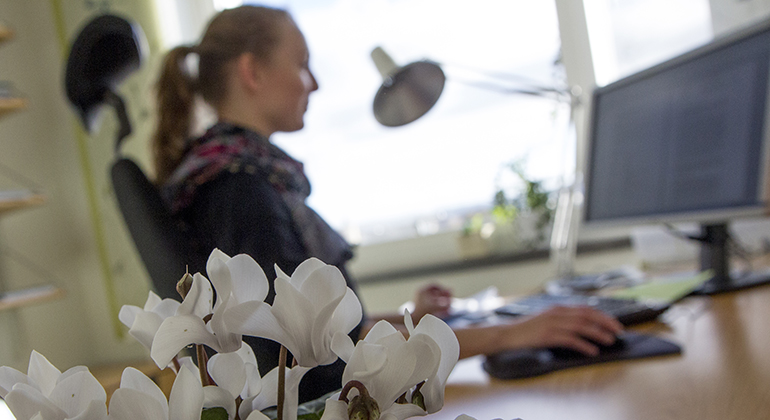 Foto på en kvinna som sitter vid ett skrivbord framför sin dator. Hon är suddig eftersom fokus i bilden ligger på en vit blomma i nederkant av bilden. 