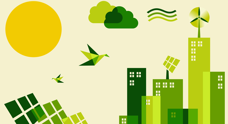 Illustration på en stad med olika symboler för hållbarhet. 