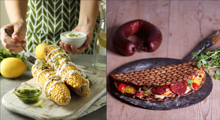 Två bilder intill varandra. Den ena på majskolvar med sås och kryddor på. Den andra bilden är en knäckebrödpizza. 