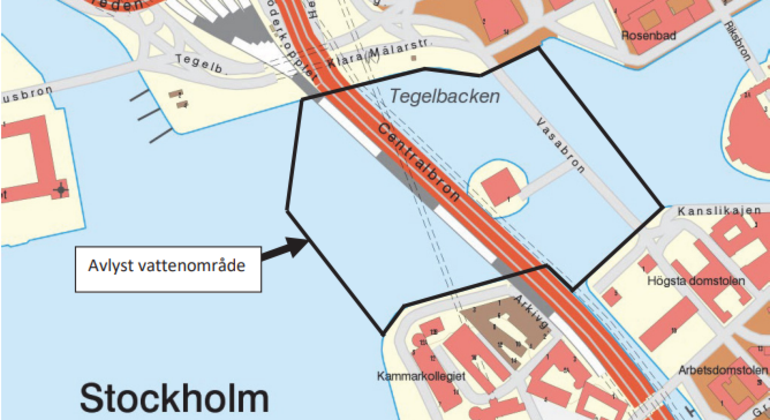 Bilaga 1 till Länsstyrelsen i Stockholms läns beslut
med beteckning 2589-71207-2020. Karta över avlyst område mellan Tegelbacken, Riddarholmen och gamla stan.