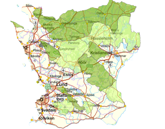Bilden beskriver det område i Skåne som är prioriterat område för detta urvalskriterium. Alla gröna område är prioriterade.