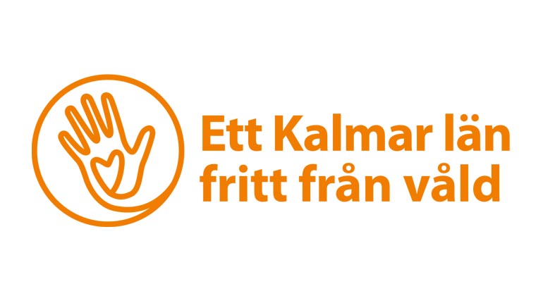Orange text med Ett Kalmar län fritt från våld, mot vit bakgrund. 