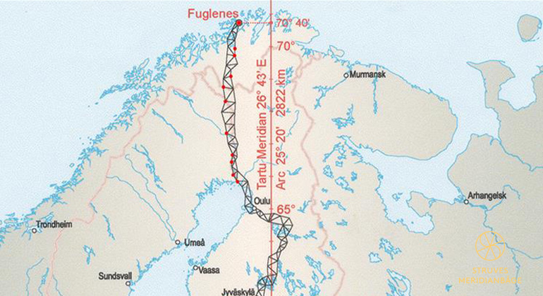 Karta över norra Europa med markering för Struves meridianbåge