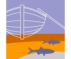 Tecknad ikon för miljömålet Hav i balans med en roddbåt och simmande fiskar.