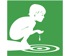 Tecknad ikon för Generationsmålet med ett barn som med handen öser vatten ur en sjö.