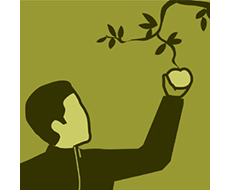 Tecknad ikon för miljömålet Giftfri miljö med en man som plockar ett äpple från ett träd.