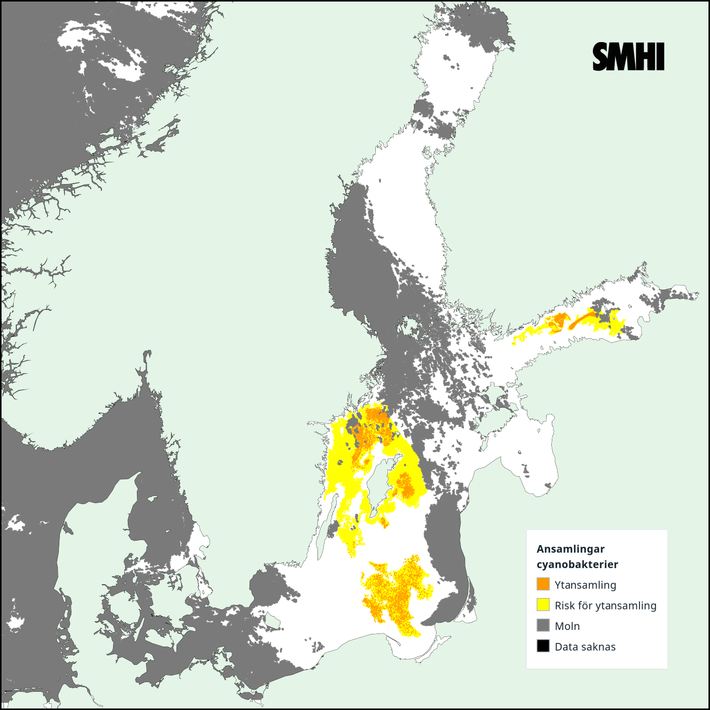 Tolkning av satellitkarta över Egentliga Östersjön 20/6. Källa: SMHI