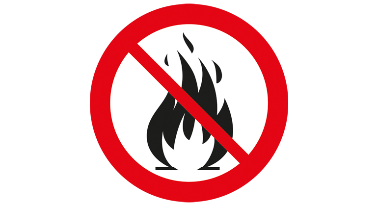 Symbol som visar på eldningsförbud med en överkryssad eldsymbol i en röd ring