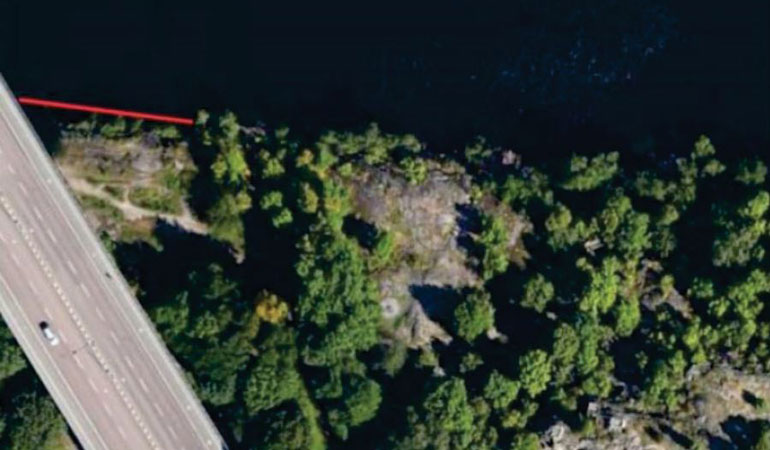 Kartbild över simsträcka 2 till Länsstyrelsen i Stockholms läns föreskrifter om avstängning av vattenområden med anledning av swimruntävling, Stockholms kommun.