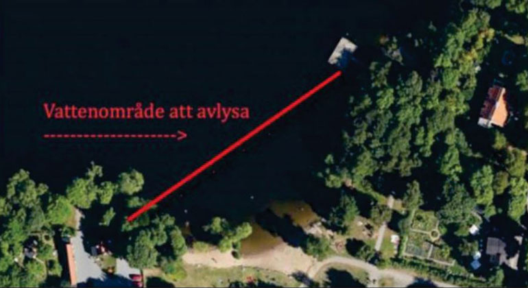 Kartbild över simsträcka 3 till Länsstyrelsen i Stockholms läns föreskrifter om avstängning av vattenområden med anledning av swimruntävling, Stockholms kommun.