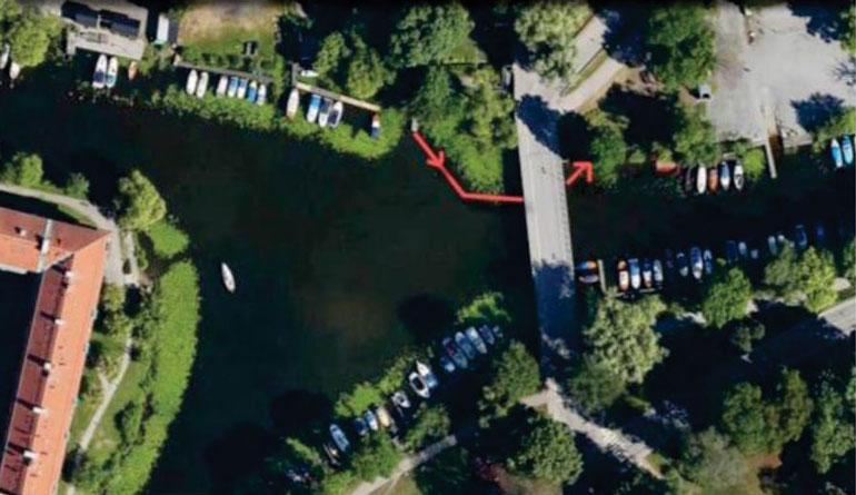 Kartbild över simsträcka 5 till Länsstyrelsen i Stockholms läns föreskrifter om avstängning av vattenområden med anledning av swimruntävling, Stockholms kommun.