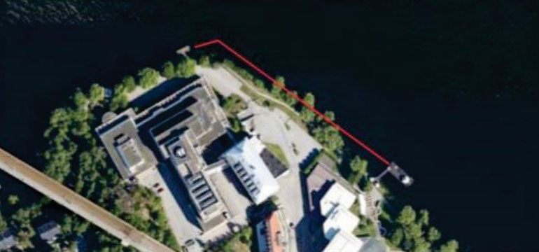 Kartbild över simsträcka 9 till Länsstyrelsen i Stockholms läns föreskrifter om avstängning av vattenområden med anledning av swimruntävling, Stockholms kommun.