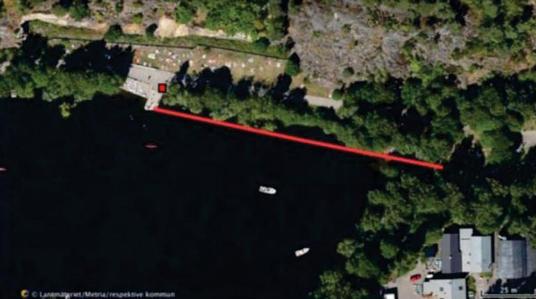 Kartbild över simsträcka 10 till Länsstyrelsen i Stockholms läns föreskrifter om avstängning av vattenområden med anledning av swimruntävling, Stockholms kommun.