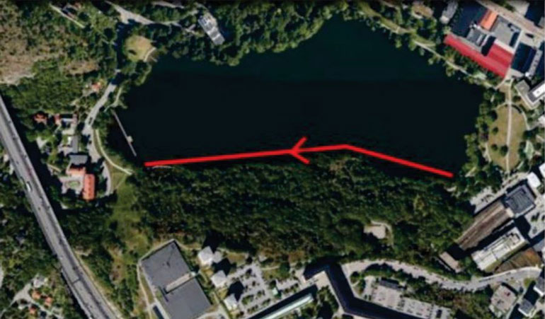 Kartbild över simsträcka 11 till Länsstyrelsen i Stockholms läns föreskrifter om avstängning av vattenområden med anledning av swimruntävling, Stockholms kommun.