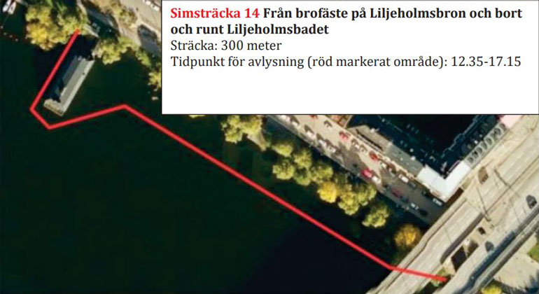 Kartbild över simsträcka 14 till Länsstyrelsen i Stockholms läns föreskrifter om avstängning av vattenområden med anledning av swimruntävling, Stockholms kommun.