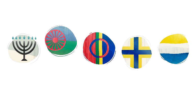 Flaggor från de nationella minoriteterna i Sverige.