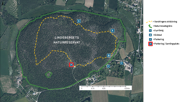 Kartbild över Lindebergets naturreservat med markerad vandringsled, fornlämningsplatser, parkeringsplatser och grillplats.