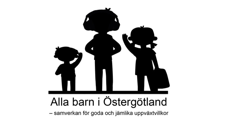 Ritad bild på tre barn. Under bilden är texten alla barn i Östergötland, samverkan för goda och jämlika uppväxtvillkor. 