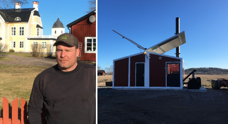 Anders Jönsson är nöjd med ”containern”
innehållande panna och flisförråd med öppnade tak.