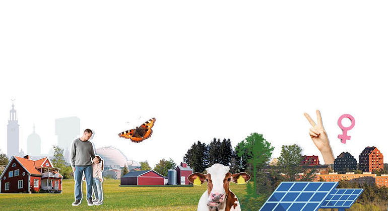 Kollage med illustrationer - stadssiluett, ett rött hus på landet, en vuxen med ett barn, en fjäril, grönt gräs, åker mark, en ko, solceller, ett ax, en jämställdhetssymbol mm.