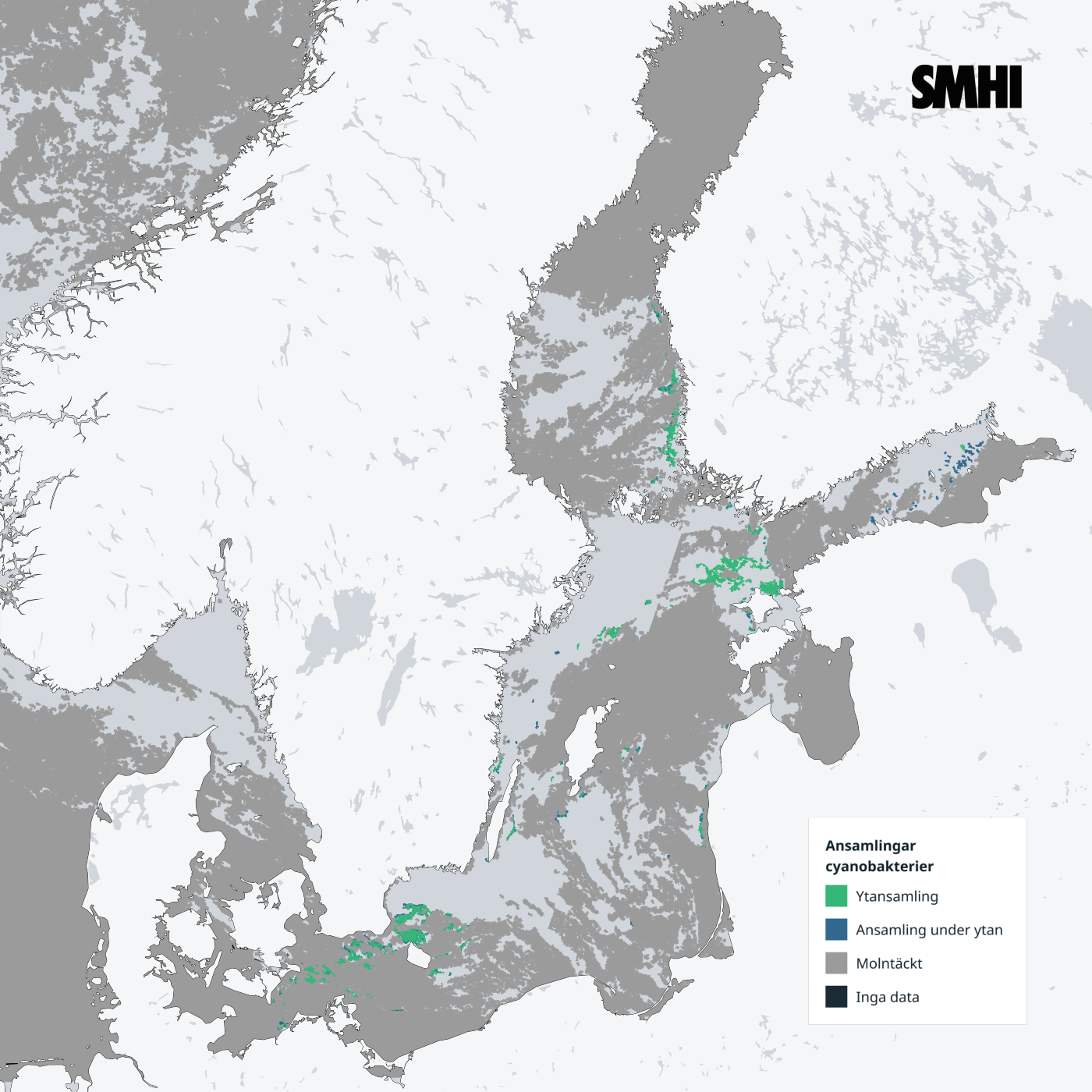Ytansamlingar av cyanobakterier från sydvästra till norra Östersjön, Finskaviken och Skärgårdshavet.