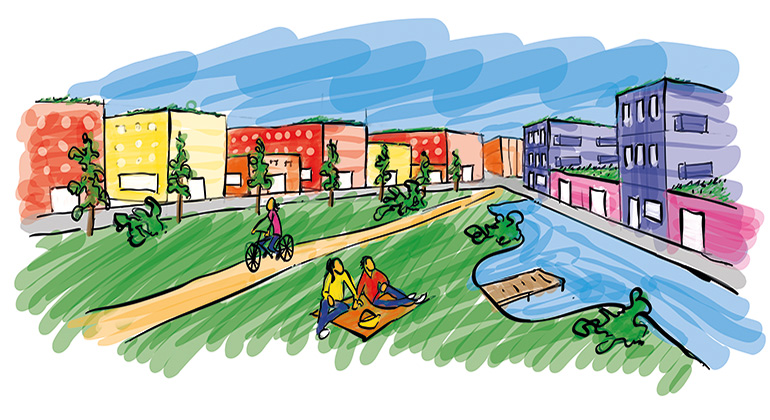 Illustration stadsmiljö med öppet grönområde (MakeMyDay)
