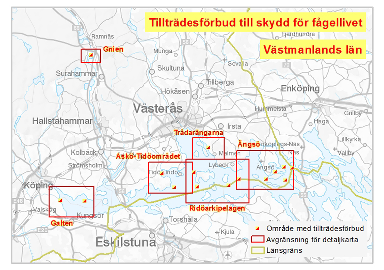 Karta över fågelskyddsområden i Västmanlands län