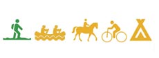Symbol vandra grön, rida, cykla, tälta, paddla gul