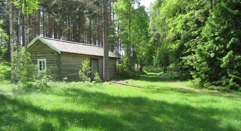 Ett litet hus nedanför åsen med grönt gräs framför och träd på sidan