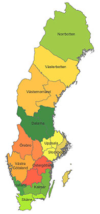Sverigekarta med de olika delegationsområdena markerade. Illustration.