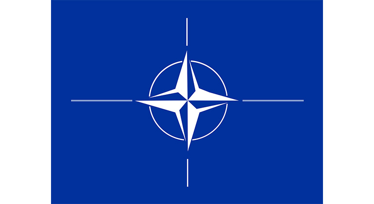 Natos flagga. En kornblå flagga med vit symbol i mitten. 
