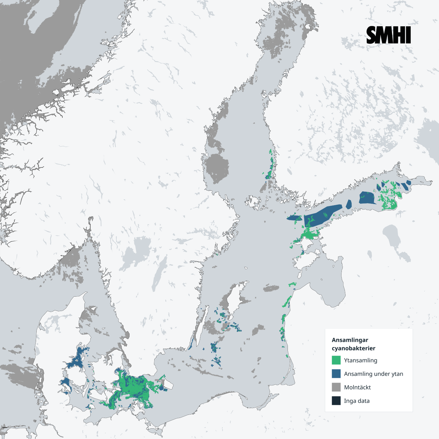 Cyanobakterier från sydvästra till norra Östersjön, i Öresund och Finska viken. SMHI.