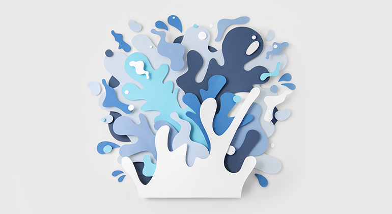 En illustration som visar vattendroppar i blått och vitt