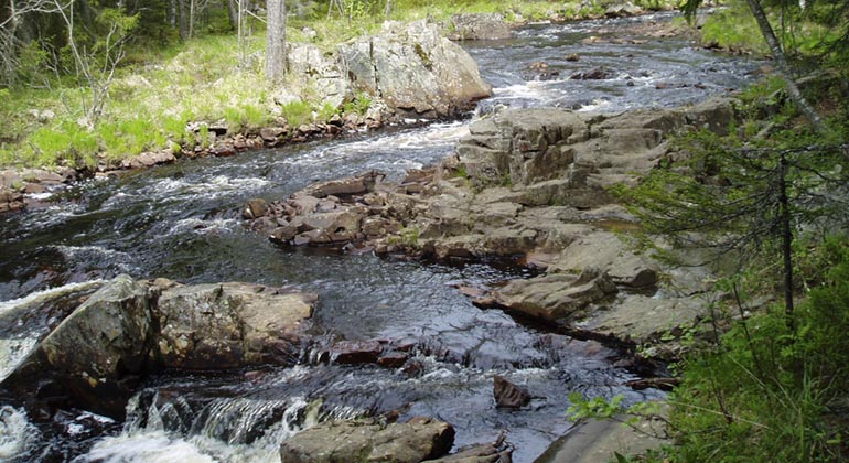 Vattendrag med forsande vatten mellan stenar och klipputsprång