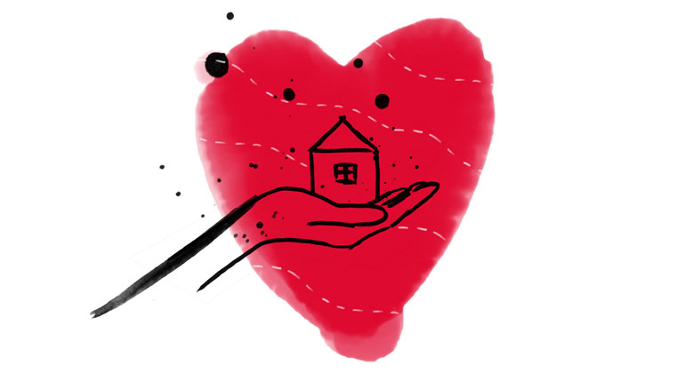 Tecknad bild, hand som håller i ett litet hus med bakgrunden av ett hjärta. 
