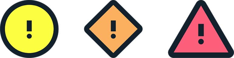 Symbolerna för gul, orange och röd varningsnivå som införs i oktober 2021. Symbolerna är från SMHI