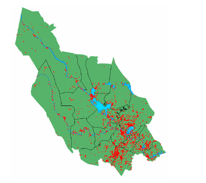 Kartan visar Geografisk spridning av kända potentiellt förorenade områden i Dalarnas län