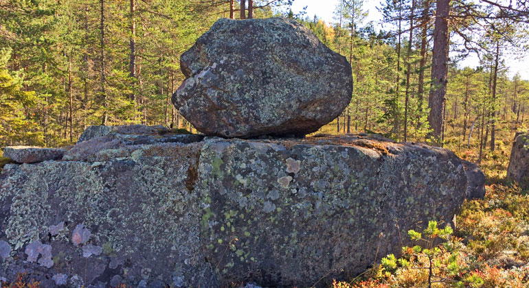 Stort stenblock på vilket det ligger ytterligare en stor sten. Allt i en gles tallskog intill en myr, i soligt höstväder.