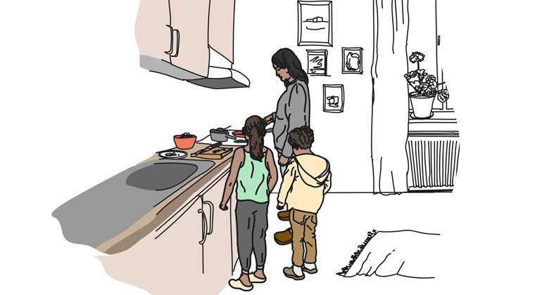 Illustration som visar en kvinna med barn i ett kök.
