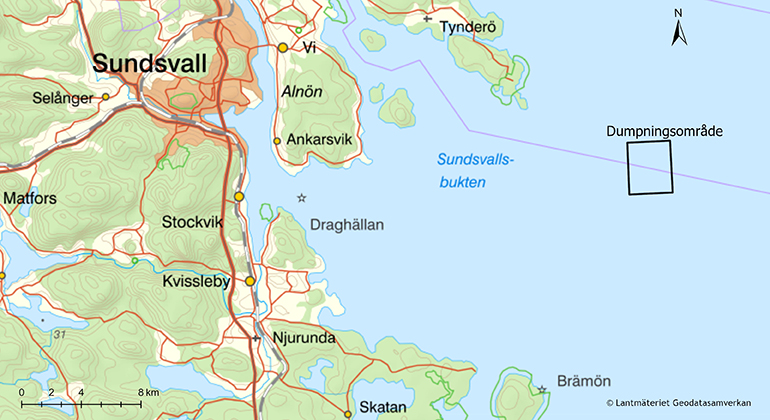Karta över Sundsvallsbukten med en markering för dumpningsområde för tunnor med kvicksilverhaltigt avfall.