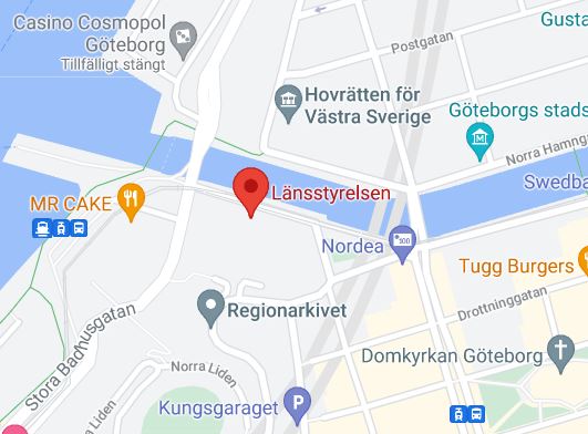 En kartbild över placeringen av Länsstyrelsens kontor i Göteborg.