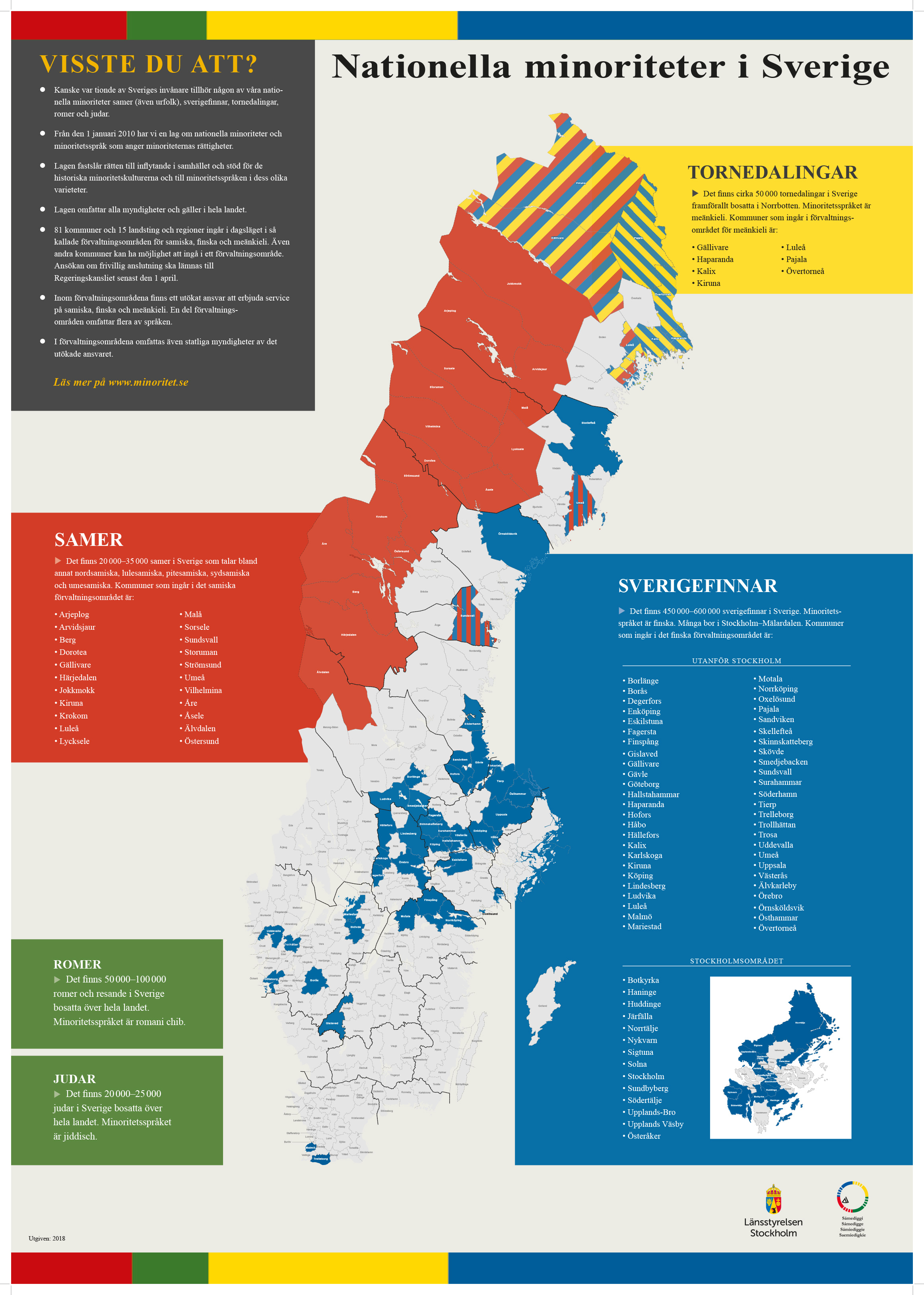 Karta över förvaltningsområden för nationella minoritetsspråk i Sverige.