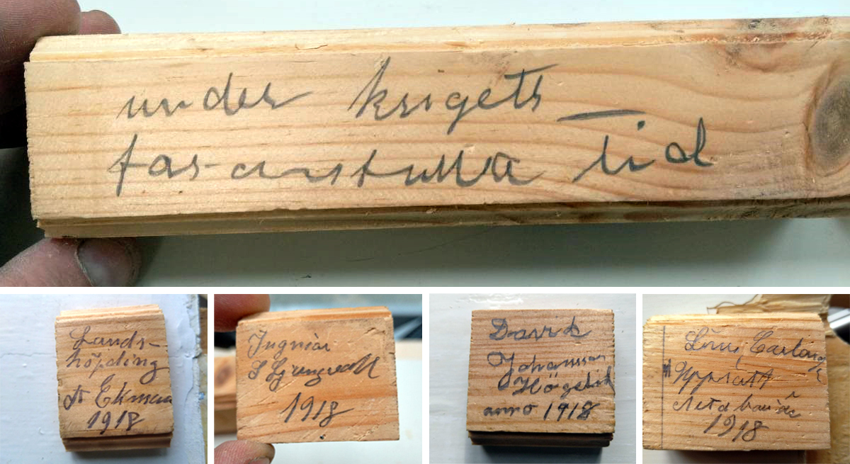 Ett kollage med träbitar med inskriptioner som hittades i renoveringen av residenset Marieholm. Alla bitar är daterade 1918.