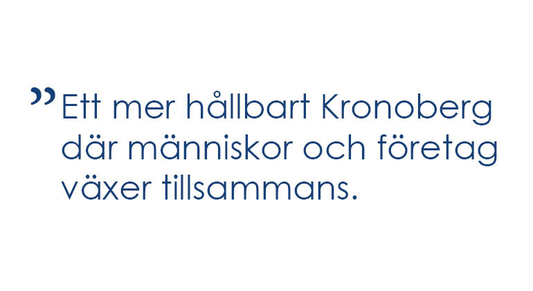 En blå ruta med vit text som säger ett mer hållbart Kronoberg där människor och företag växer tillsammans